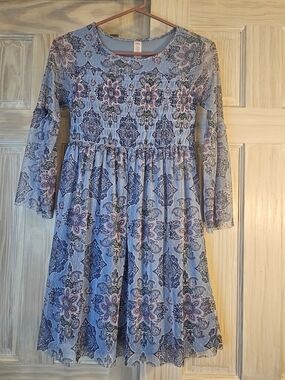 Justice Floral Smocked Long-Bell Sleeve Dress - Blue In Size 12
